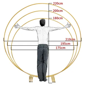 Golden metal circular balloon arch frame set in three sizes with dimensions displayed