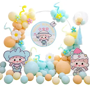 Elegant macaron colored round balloon arch kit for birthday party with cute cartoon cutouts