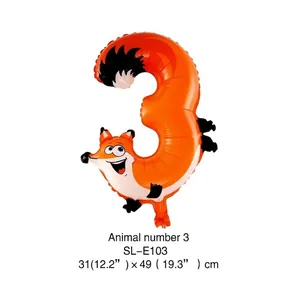 Ballon en aluminium en forme de chiffre 3 avec motif de renard pour anniversaires