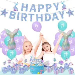 Decorazione per Festa di Compleanno a Tema Sirena Banner Happy Birthday Palloncino in Alluminio a Conchiglia Palloncino in Lattice