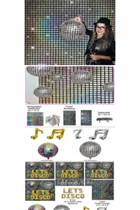 Detail view of disco party decoration set with laser curtains and foil balloons.