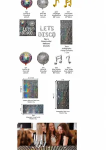 Comprehensive components and dimensions overview of the holographic disco party decoration set.
