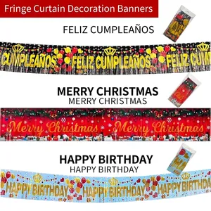 Metallic Tinsel Fringe Curtain Banner Christmas Birthday Party Decorations Merry Christmas Feliz Cumpleaños Door Backdrop Banner