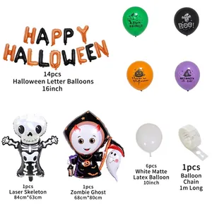 Comprehensive Halloween balloon arch kit with letters, skeleton, and ghost foil balloons