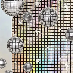 Retro disco party decoration set with holographic grid backdrop and silver mirror ball balloons
