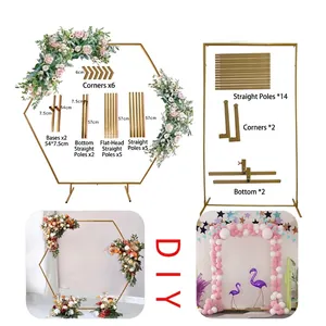 Gold Metal Wedding Arch Stand Iron Hexagon Geometric Balloon Backdrop Frame For Outdoor Garden Lawn Ceremony Party Background Flower Support Decor