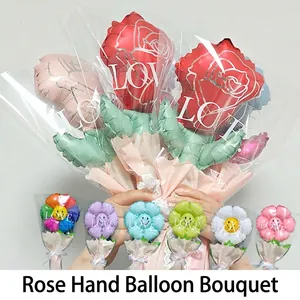Aluminum Foil Rose Sunflower Balloon Bouquet with LOVE Letter Printed Lace Bow for Mother Day Valentine Wedding Party Decor