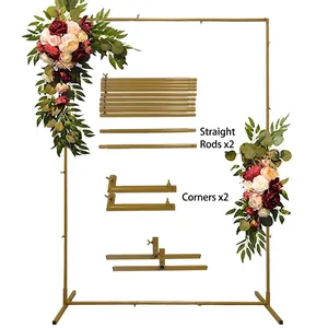 Gold metal wedding arch frame with floral decor and detailed assembly kit parts shown