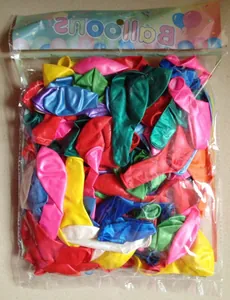 Bulk pack of colorful 10-inch pearlescent latex balloons in clear plastic packaging
