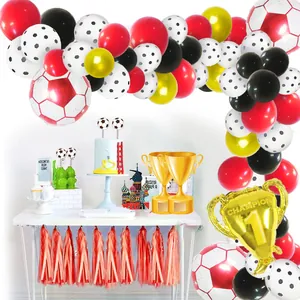 Festive soccer themed birthday party decor set with balloon arch and champion trophy balloon