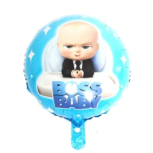 Close-up detail of The Boss Baby character printed on a round blue foil party balloon