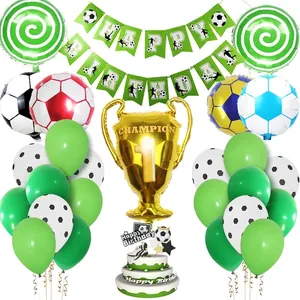 Soccer Birthday Party Decoration Set Aluminum Foil Balloon Champion Trophy Banner Cake Topper Football Sports Theme Decor