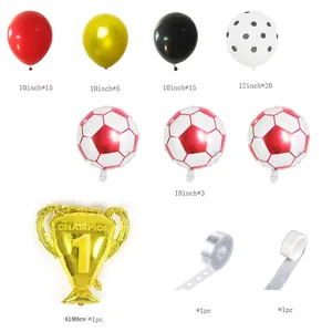 Detailed view of soccer balloon arch kit with trophy and assorted latex balloons