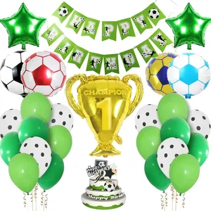Detailed view of football theme birthday decoration set including trophy balloon and banner