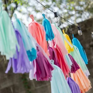 Vibrant colorful paper tassel garland hanging outdoors for party decoration detail.
