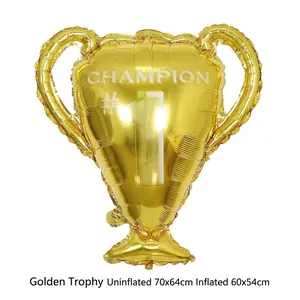 Palloncino foil trofeo champion dorato con dimensioni prima e dopo il gonfiaggio