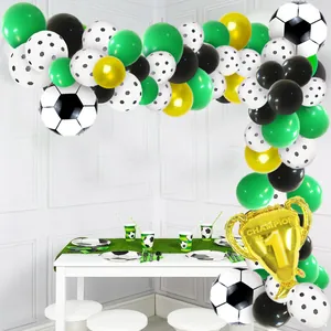 Soccer theme party balloon arch kit with gold trophy and soccer foil balloons for birthdays