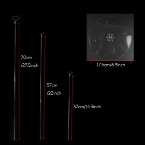 Dimensions of transparent balloon stand with rods of 70cm, 57cm, and 37cm and base