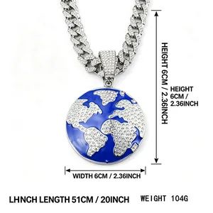 Detailed measurements of hip hop iced out globe pendant with cuban link chain necklace