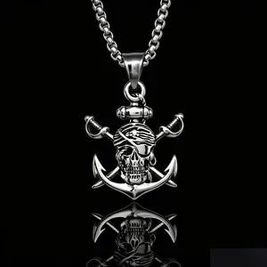 Hip Hop Skull Pirate Anchor Pendant Titanium Steel Necklace European Fashion Retro Double Sword Necklace Men Women Jewelry