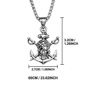 Detailed size view of vintage stainless steel pirate skull anchor pendant necklace