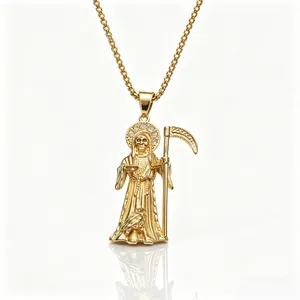 Close-up view of a golden Grim Reaper pendant with a scythe and sparkling halo detail