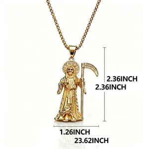 Gold-toned Santa Muerte hip hop pendant necklace with precise measurement details