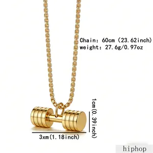 Detailed specifications for gold-plated stainless steel dumbbell pendant necklace with dimensions