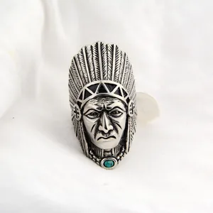 Detailed view of Native American Indian Chief ring in vintage silver stainless steel
