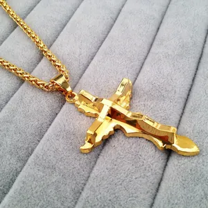 18K gold plated cross pendant hip hop necklace displayed on grey velvet jewelry tray.