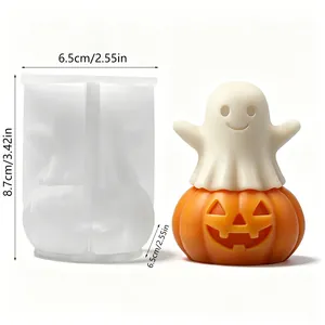 Detailed view of Halloween ghost pumpkin silicone mold and product with dimensions