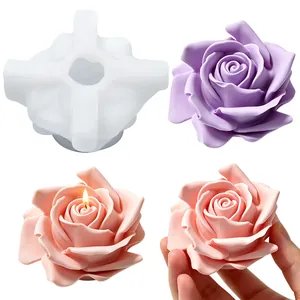3D rose flower candle silicone mold showing the mold details and finished floral candles