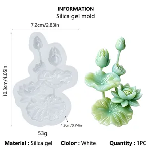 Detailed view of lotus flower silicone mold with dimensions and finished resin product.