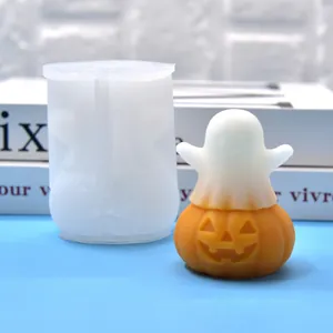 Side-by-side view of silicone mold and finished Halloween ghost on pumpkin.