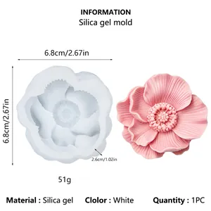 Detailed product view of 3D flower silicone mold with dimensions and material info