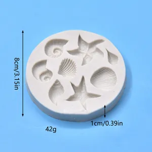 Detailed view of ocean seashell and starfish silicone fondant mold, dimensions 8cm by 1cm