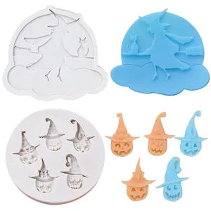 Stampo in Silicone Halloween Strega che Cavalca la Scopa Zucca Cappello Silhouette Fondente DIY Decorazione Torte