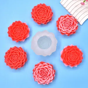 Vue de dessus du moule en silicone fleur de loto avec fleurs en résine rose et rouge