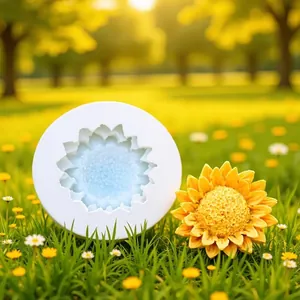 Detailed view of sunflower silicone mold and finished flower candle on sunny grass
