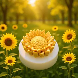 Detailed view of a sunflower silicone mold with a finished yellow candle in a sunny garden.