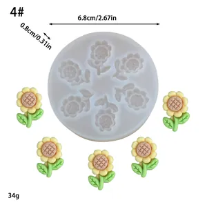 Detail view of sunflower silicone mold with dimensions and finished flower pieces.