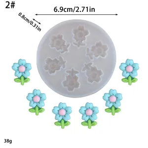 Detail view of a round flower silicone mold showing dimensions and sample outputs