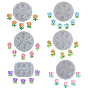 Macro view of various flower-shaped silicone molds for fondant and chocolate DIY