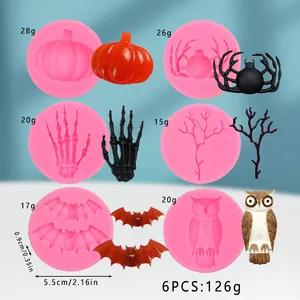 Halloween silicone molds set with weight and size details for pumpkin, spider, owl.