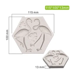 Flamingo and monstera leaf silicone mold showing specific dimensions of 115x100x13 mm