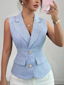 Gilet blazer senza maniche a righe bianche e blu con vestibilità slim e bottoni di perla