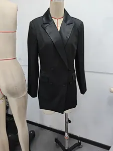 Black double-breasted blazer for women with a tailored waist and elegant satin lapels
