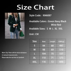 Detailed size chart for green velvet blazer jacket with measurements and specs