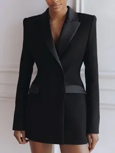 Sophisticated black double-breasted blazer with elegant satin lapels and tailored slim fit.