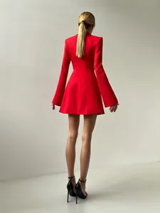Back view of elegant red slim-fit blazer dress with stylish flared sleeves for women